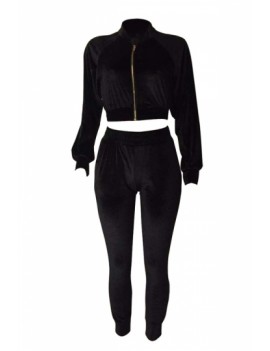 Crop Jacket And Pants Two-Piece Outfit Set Black