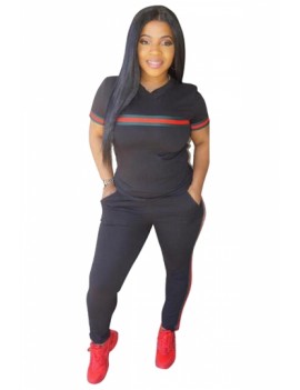 Plus Size Striped Two-Piece Sports Style Tee And Pants Set Black