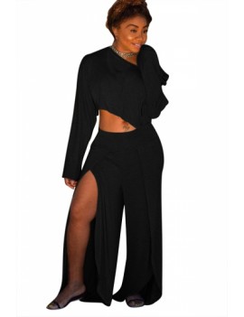 Plus Size Long Sleeve Crop Top Split Pants Two-Piece Set Black