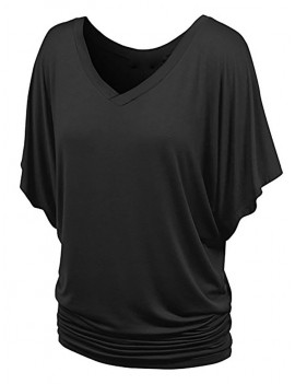 Batwing Sleeve V Neck Ruched T-shirt - Black M