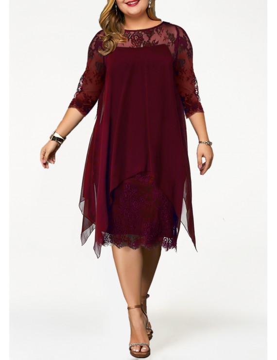 Plus Size Chiffon Overlay Lace Panel Dress