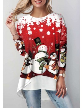 Christmas Print Asymmetric Hem Long Sleeve Sweatshirt