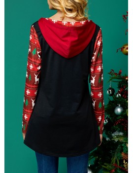 Christmas Print Lace Up Neck Long Sleeve Hoodie