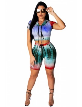 Two-Piece Crop Top Hooded High Waisted Shorts Set Blue