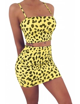 Spaghetti Straps Crop Top Leopard Print Skirt Two-Piece Set Yellow