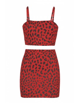 Square Neck Crop Top Leopard Print Skirt Two-Piece Set Red
