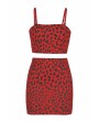 Square Neck Crop Top Leopard Print Skirt Two-Piece Set Red