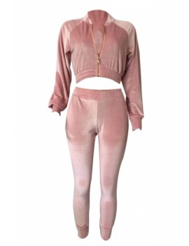 Long Sleeve Crop Jacket And Pants Set Pink
