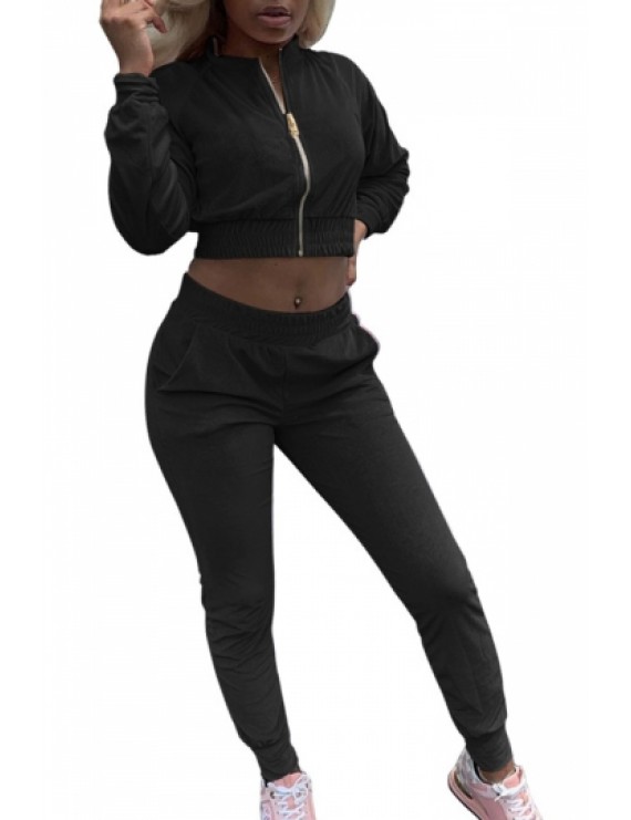 Crop Jacket And Pants Two-Piece Outfit Set Black