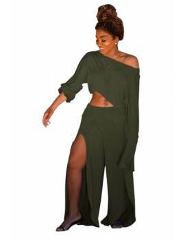 Plus Size Long Sleeve Crop Top Split Pants Two-Piece Set Olive