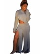 Plus Size Long Sleeve Crop Top Split Pants Two-Piece Set Gray