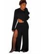 Plus Size Long Sleeve Crop Top Split Pants Two-Piece Set Black