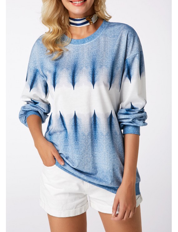 Long Sleeve Round Neck Printed Blue Sweatshirt