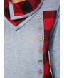 Button Detail Long Sleeve Plaid Print Sweatshirt
