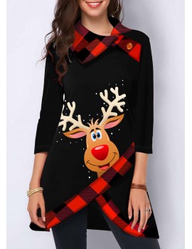 Crossover Hem Christmas Elk Print Button Detail Sweatshirt
