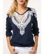 Crochet Panel Long Sleeve Navy Blue Sweatshirt