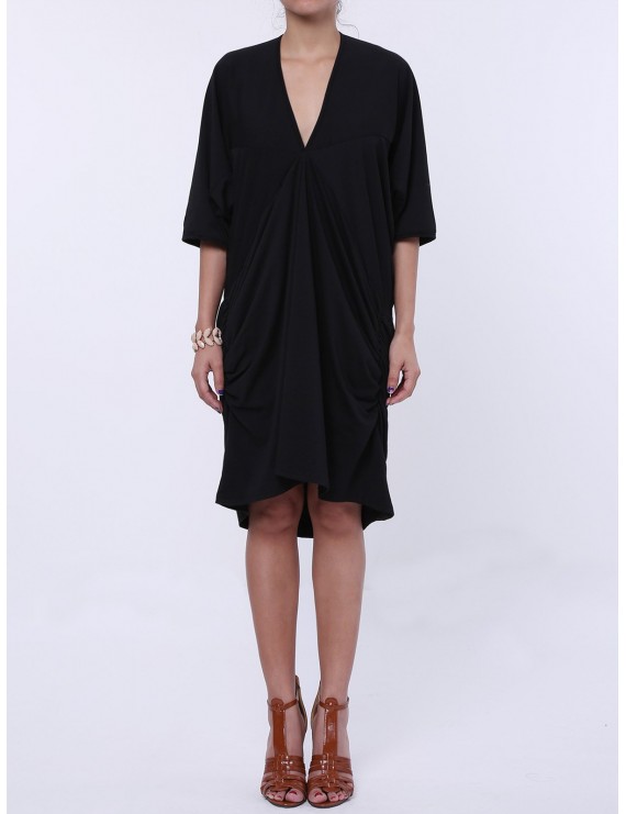 Maxi Plunge Neck Batwing Sleeve Casual Dress - Black One Size