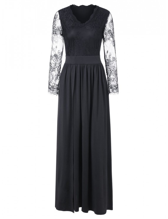 Lace Insert Full Sleeve Floor Length Dress - Black L