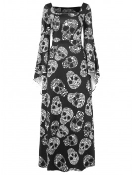 Halloween Skulls Print High Waist Maxi Dress - Black M