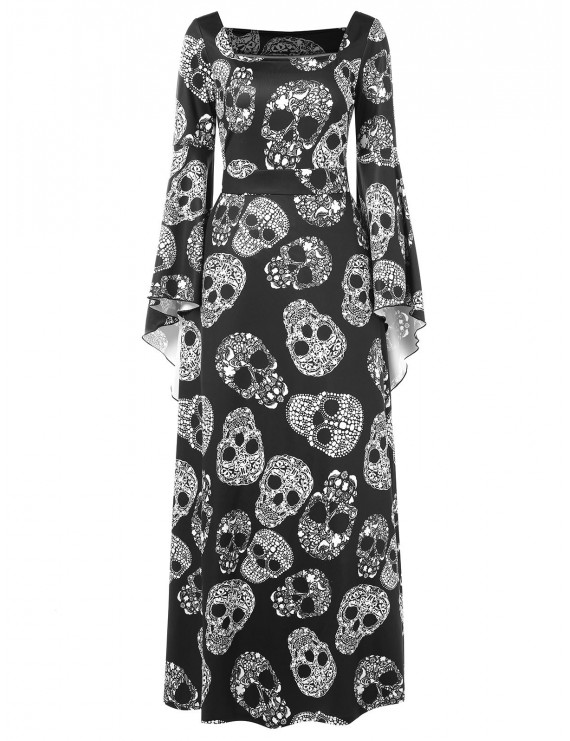 Halloween Skulls Print High Waist Maxi Dress - Black M