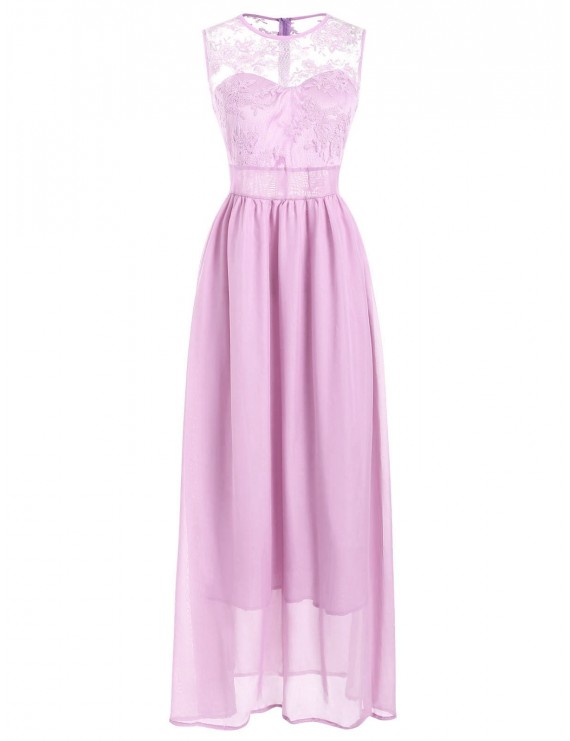 Lace Panel Maxi Prom Dress - Pig Pink M