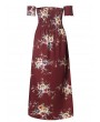 Smocked Off Shoulder Long Flower Print Dress - Chestnut Red S