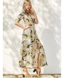 Floral Patterned Long Swing Wrap Beach Boho Dress - Yellow S