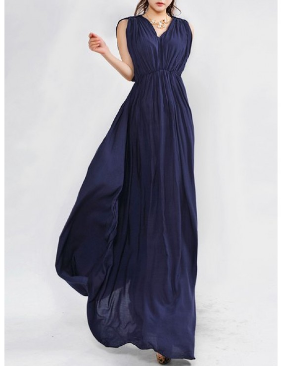 Sleeveless Pleated Long Formal Prom Dress - Navy Blue M