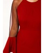 Mesh Panel Flare Cuff Red Maxi Dress
