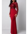Sequin Detail Red Long Sleeve Mermaid Dress