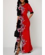 Rose Print Color Block Front Slit Maxi Dress