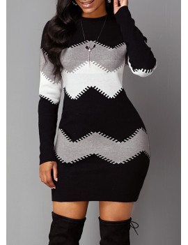 Long Sleeve Mock Neck Chevron Pattern Sweater Dress
