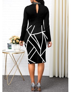 Keyhole Neckline Long Sleeve Geometric Print Dress