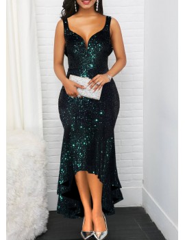 Sequin Detail Cowl Back High Low Dress