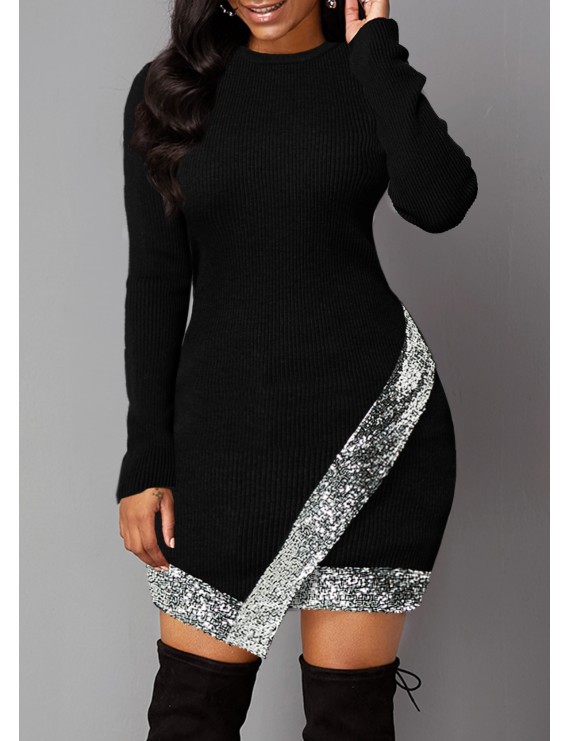 Sequin Panel Asymmetric Hem Long Sleeve Sweater Dress