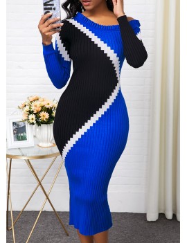 Contrast Panel Long Sleeve Rib Knit Sweater Dress