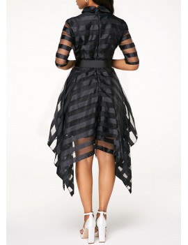 Sheer Striped Black Half Sleeve Belted Dress