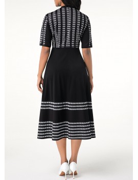 Half Sleeve Dotted Line Printed Black Dress