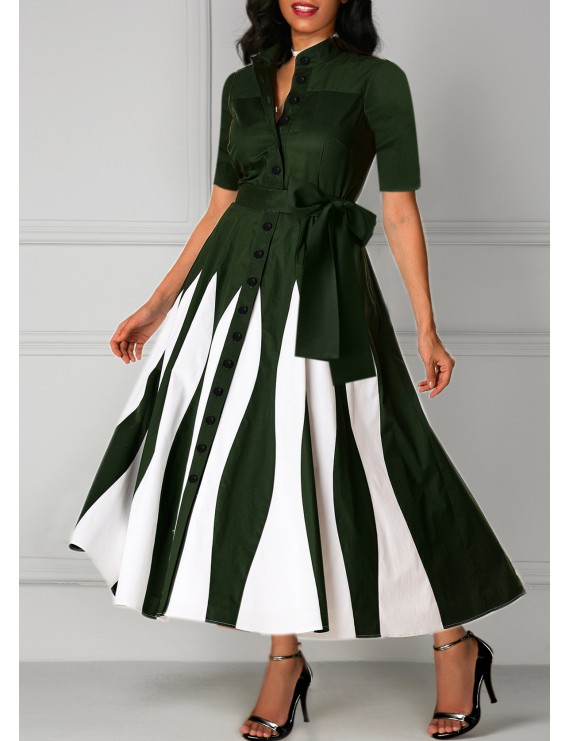Button Up Belted Half Sleeve Printed Maxi Dress