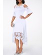 Cold Shoulder White Flare Cuff Lace Panel Dress