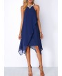 Chiffon Overlay Embellished Neck Blue Dress