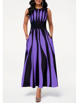 High Waist Round Neck Stripe Print Pocket Dress