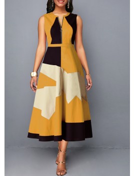 Half Zipper Sleeveless Geometric Print Dress