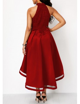Wine Red Sleeveless Lace Panel High Low Dress