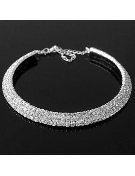 Rhinestone Decorated Silver Metal Choker Necklace