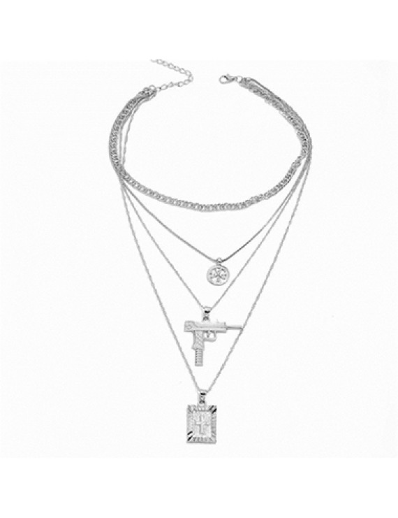 Pistol and Cross Pendant Layered Necklace