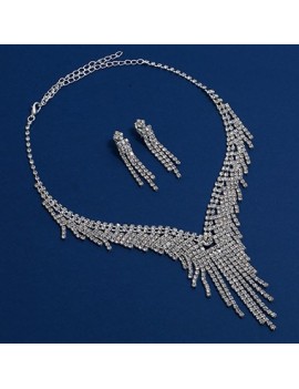 Rhinestone Embellished Silver Metal Necklace Set for Lady