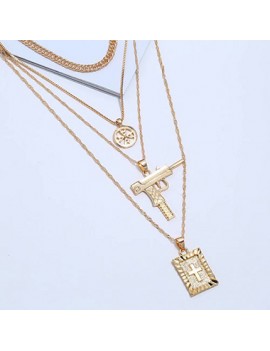 Cross and Pistol Pendant Layered Necklace