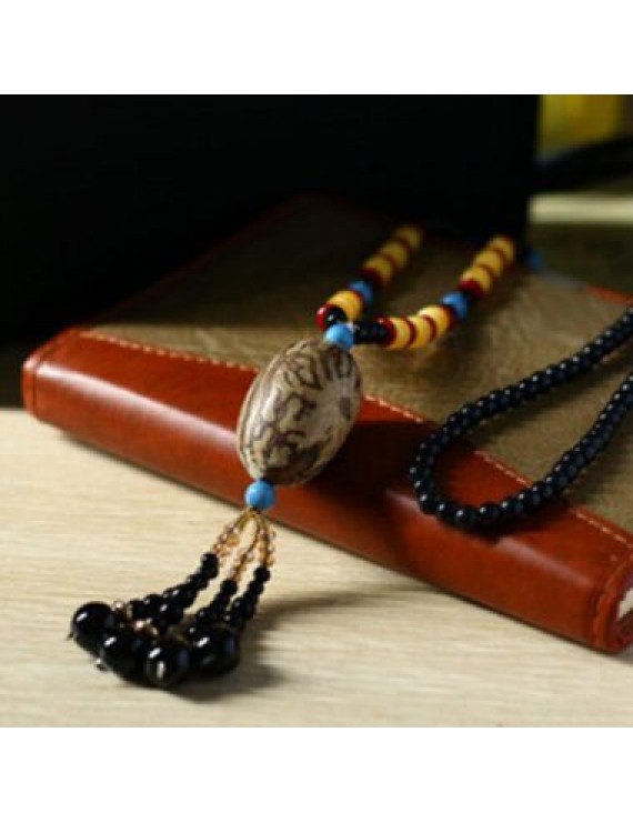 Black Tassel Pendant Bodhi Fruit Decorated Sweater Necklace
