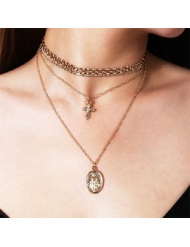 Cross and Oval Pendant Layered Necklace